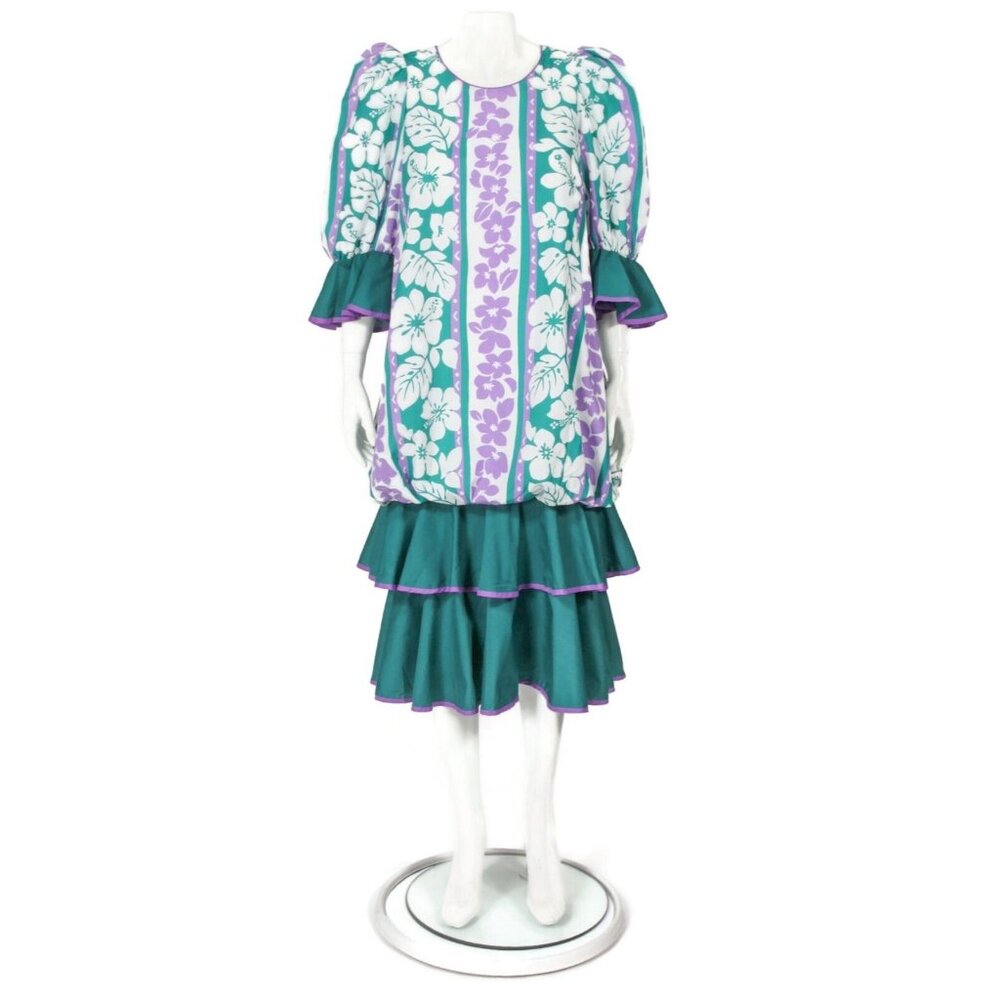 Vintage MAMO HOWELL Hawaiian Aloha Muumuu Green Purple Tropical Floral sz S /617